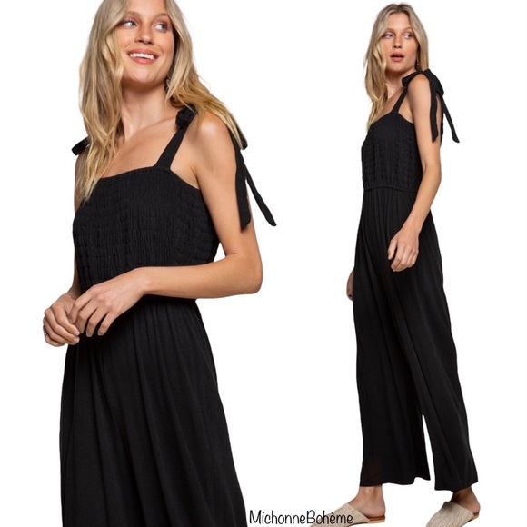 POL Black Relaxed Fit Smocked Jumpsuit Self Tie Shoulder Ribbons - Picture 7 of 16